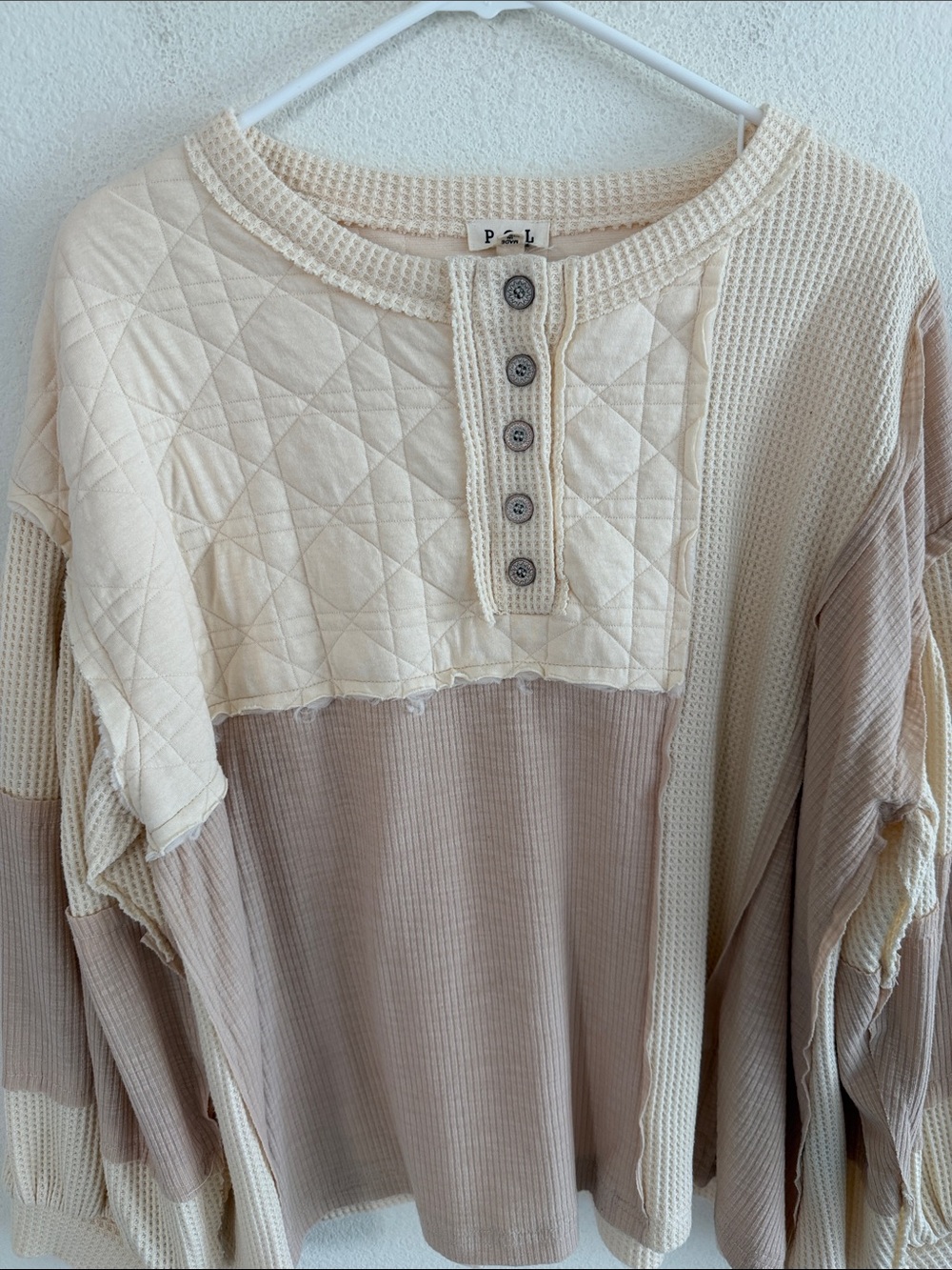 POL Quilted Waffle Knit Lagenlook Boho Henley Long Sleeve - Picture 3 of 6